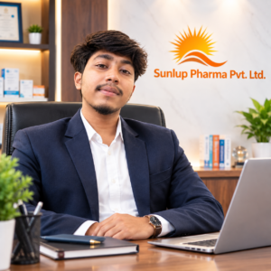 “Professional portrait of the Sunlup Pharma Pvt. Ltd. founder seated in a modern pharmaceutical office, wearing a navy suit and white shirt, with the company logo displayed in the background.”